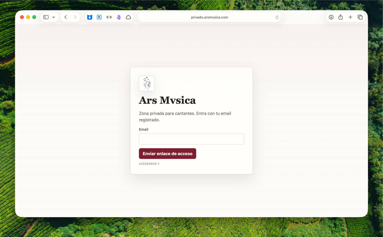 Pantalla de acceso a la zona privada de Ars Mvsica mediante email.