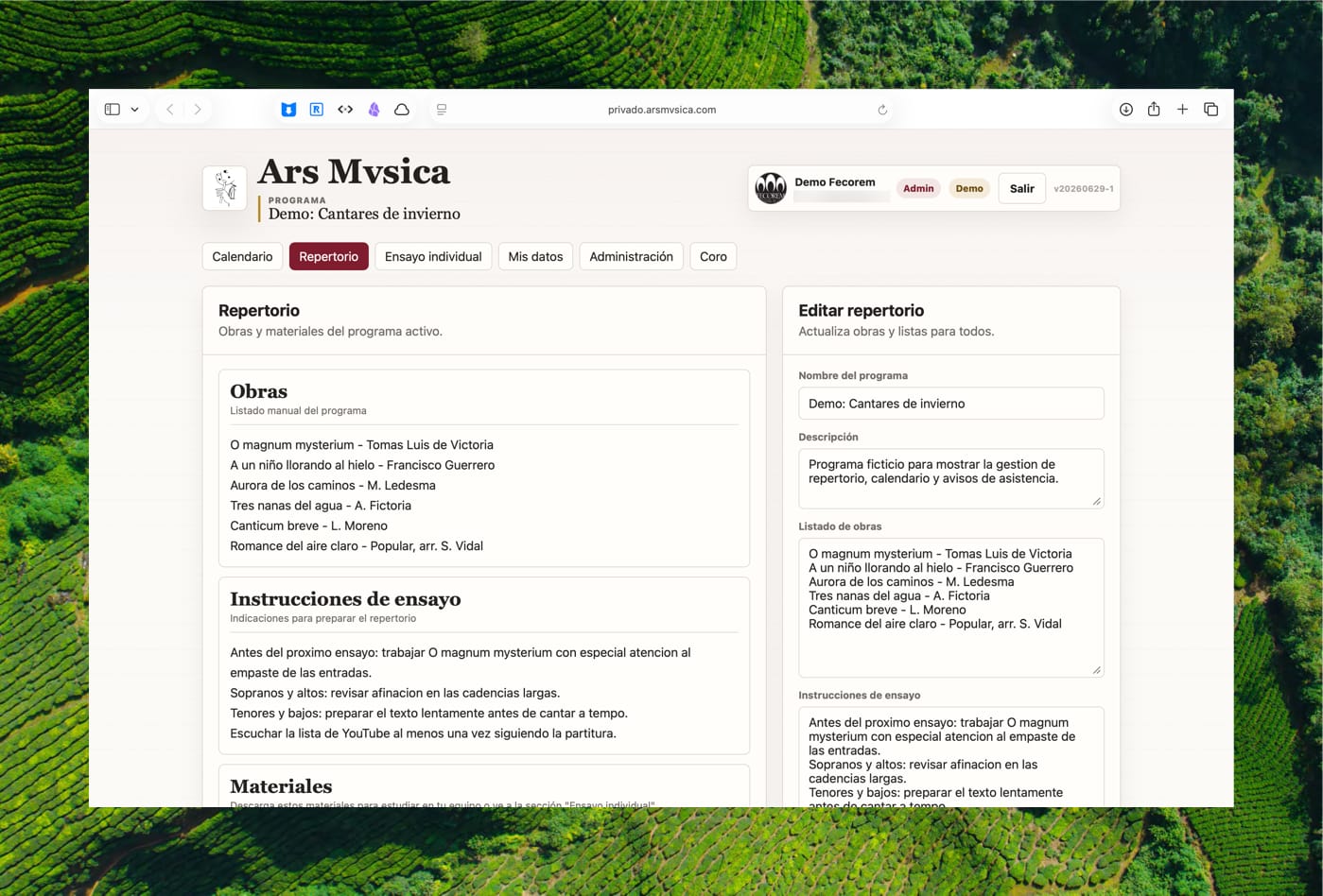 Captura de pantalla de la sección Repertorio