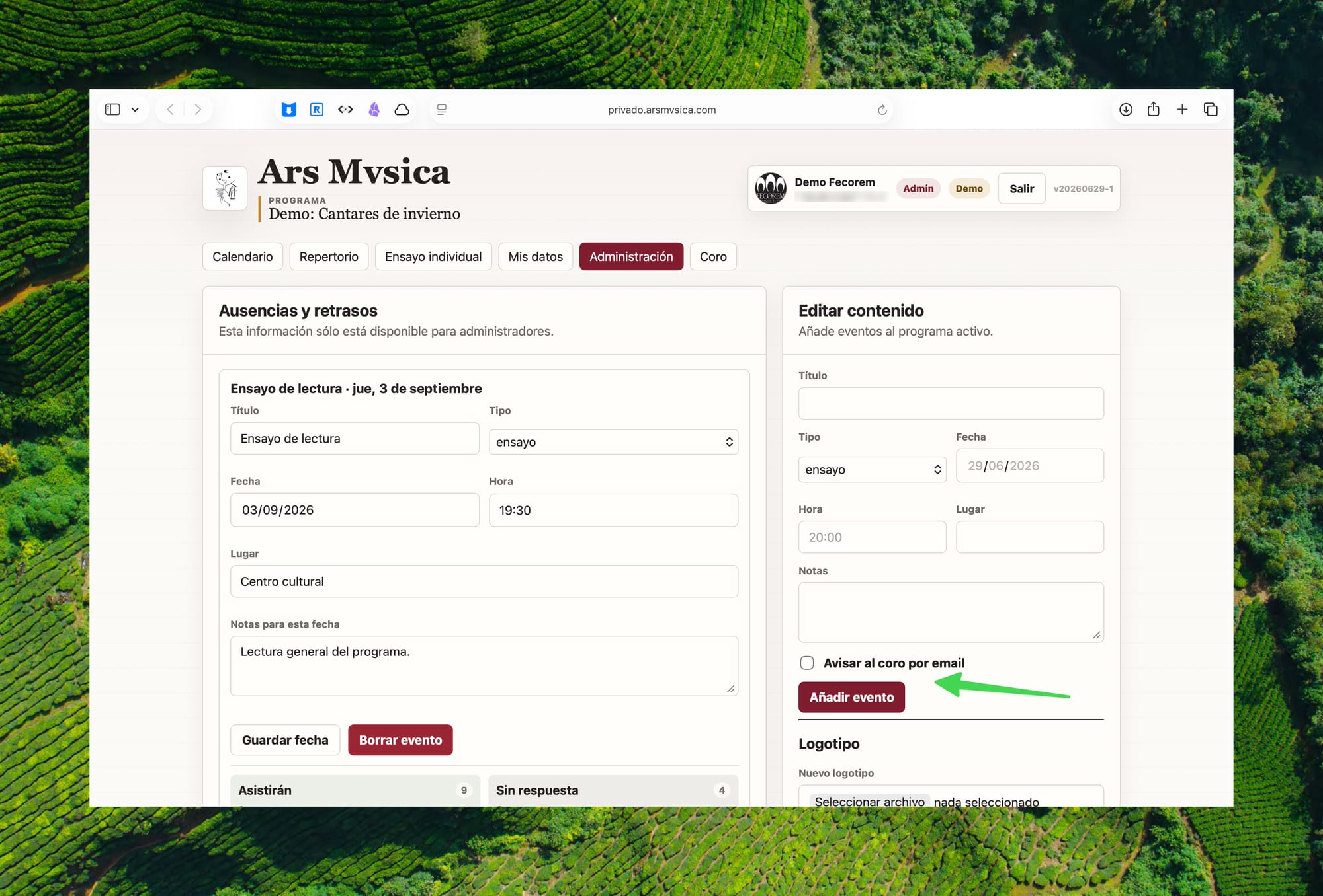 Formulario para añadir un evento con fecha, hora, lugar, notas y aviso por email