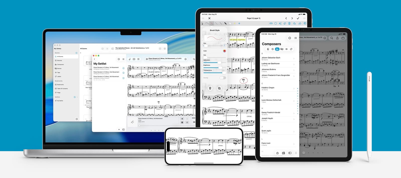 Captura de pantalla de la web de forScore que muestra la app en diversos dispositivos
